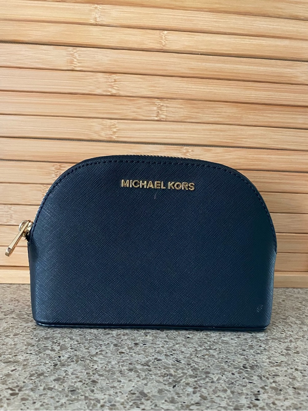 Michael Kors Black Saffiano Leather Zip Cosmetic Pouch with Gold Hardware